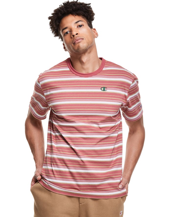 Champion Yarn-Dye Stripe C Logo Coral/White T-Shirt Mens - South Africa NUBOLA328